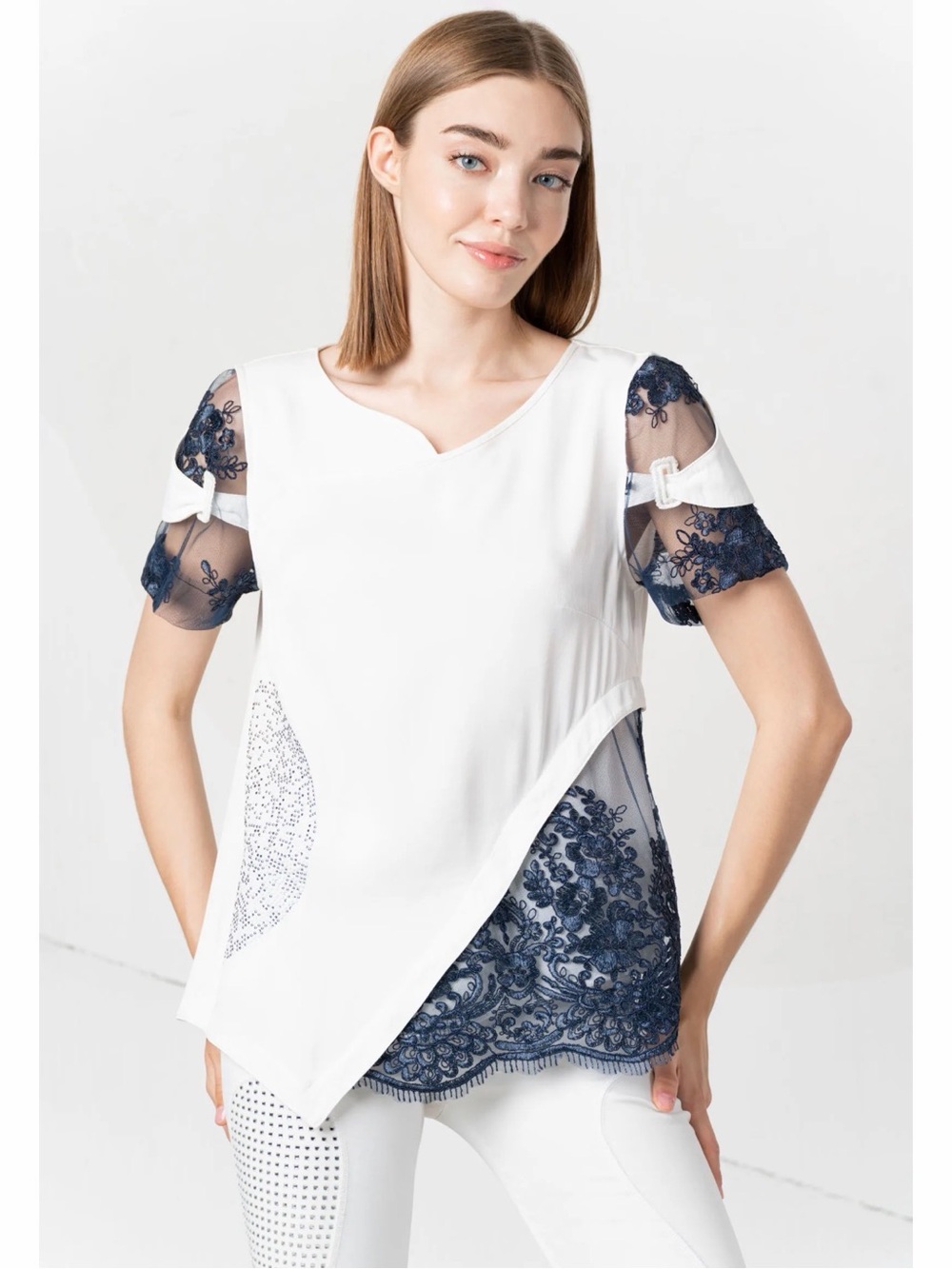 ELISA CAVALETTI white and blue lace top Size M